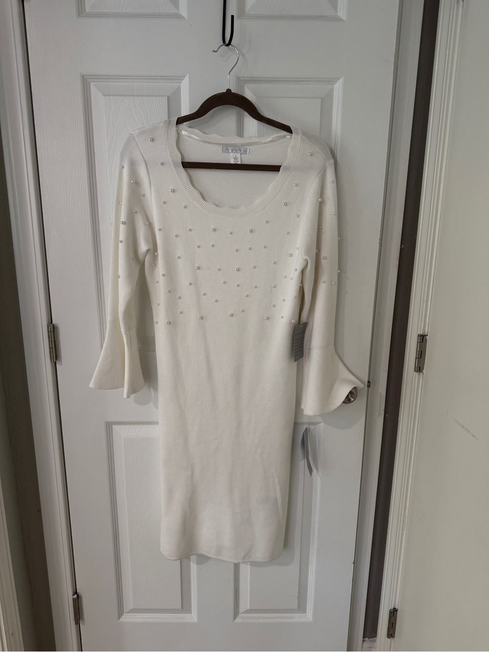 London Times Ivory Pearl-Detail Bell-Sleeve Knit Dress